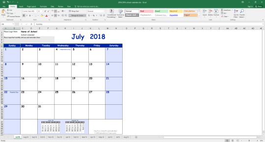 School Calendar July 2018 – August 2019 Excel Template Free Download